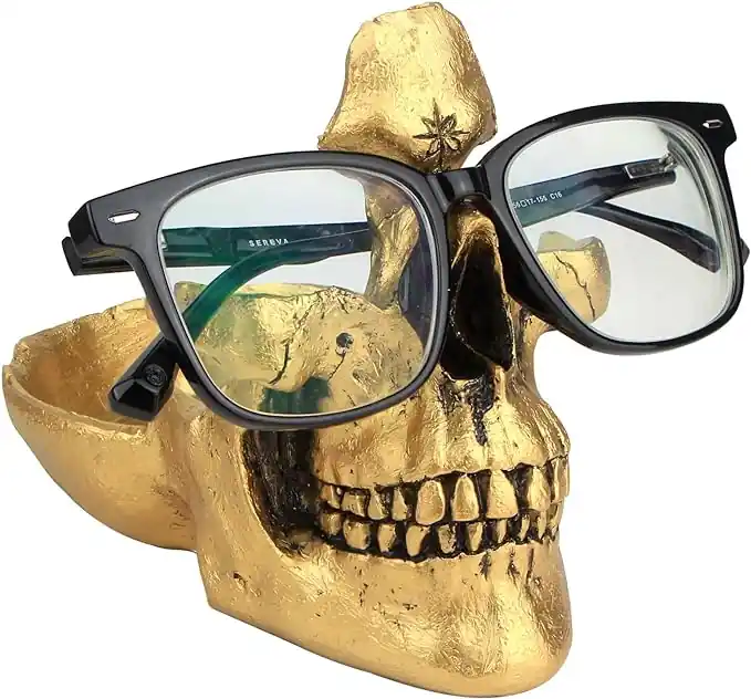Gothic Skull Eyeglass Stand – Spooky, stylish holder and mini catchall for keys, phone, or desk. Perfect gothic décor and Halloween gift for skull lovers.