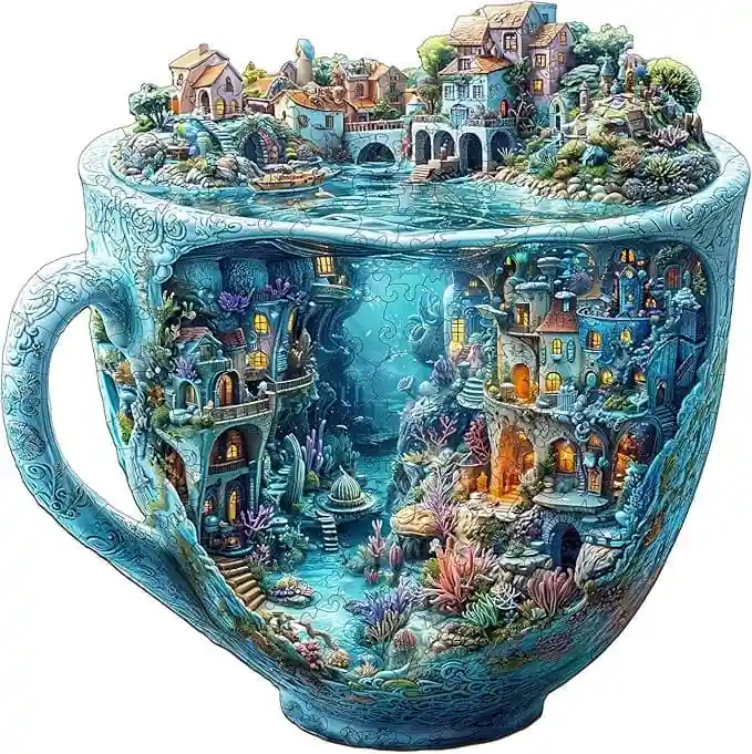 Ocean Mug Puzzle – Whimsical 3D wooden puzzle with a floating seaside village inside a sippable mug. Perfect gift for adults, brain-teasers, and fantasy lovers.
