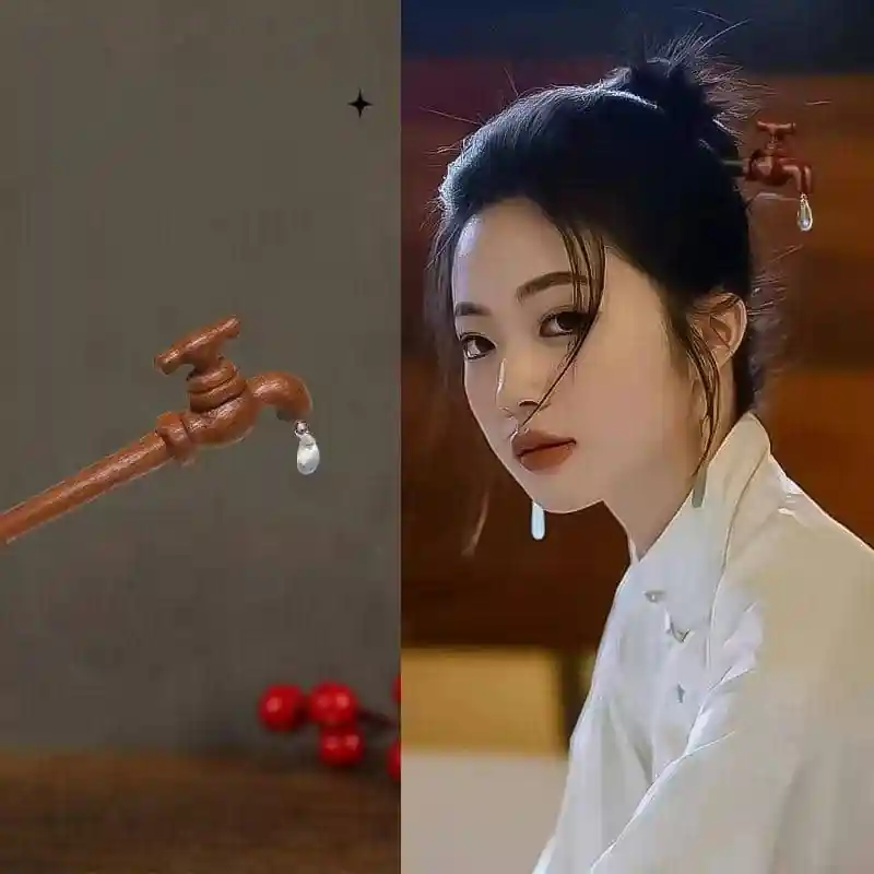 Faucet Hairpin – Handmade wooden hair chopstick with quirky faucet design. Bold, unique hair accessory perfect for long hair, parties, and conversation starters