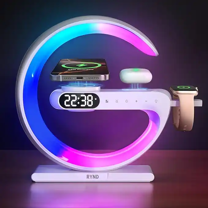 Smart LED lamp with wireless charger, alarm clock, and 7-color mood light. Fast charging, sleek design — the perfect all-in-one bedside gadget.
