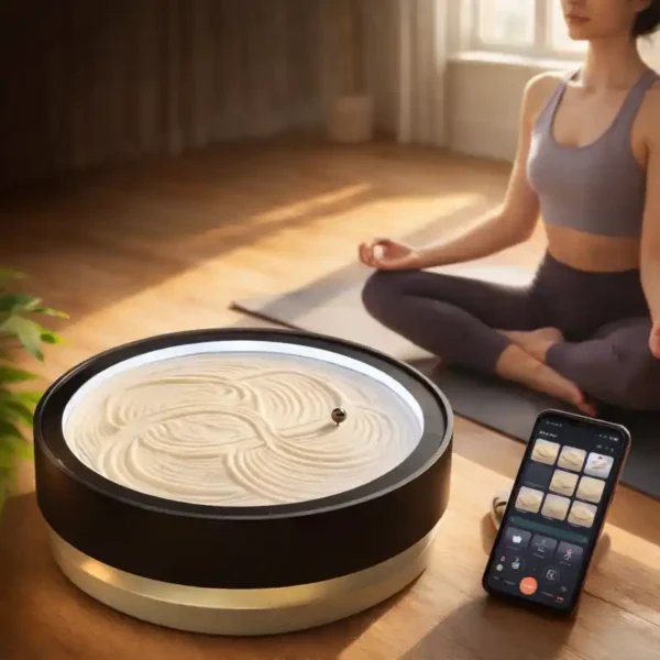 Automatic drift sandscape with LED lighting creating intricate sand patterns on a wooden floor, shown in a calm meditation setting with app-controlled customization.”