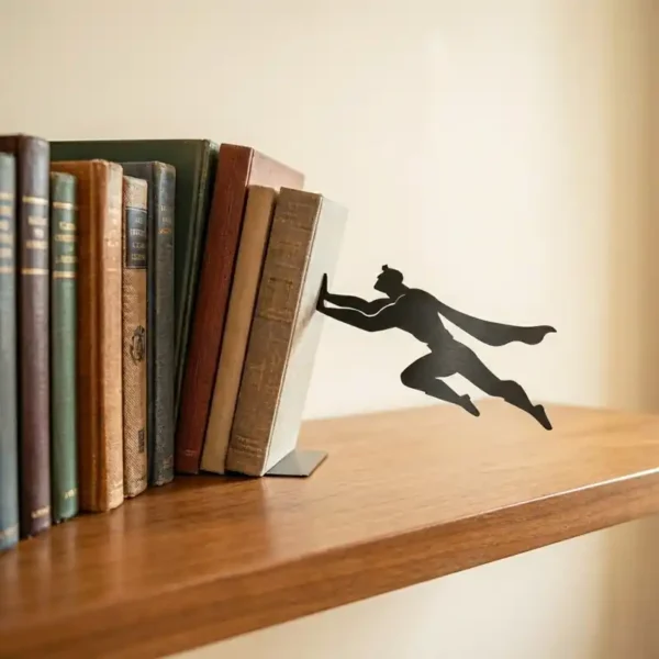 Creative black superhero silhouette bookend creating a gravity-defying illusion by "pushing" a stack of leaning books on a minimalist wooden shelf.