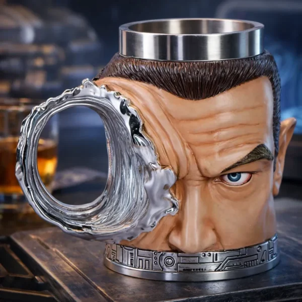 Unique sci-fi movie collectible tankard with a half-human, half-metal cyborg face and stainless steel interior, displayed in a cinematic drinking scene.