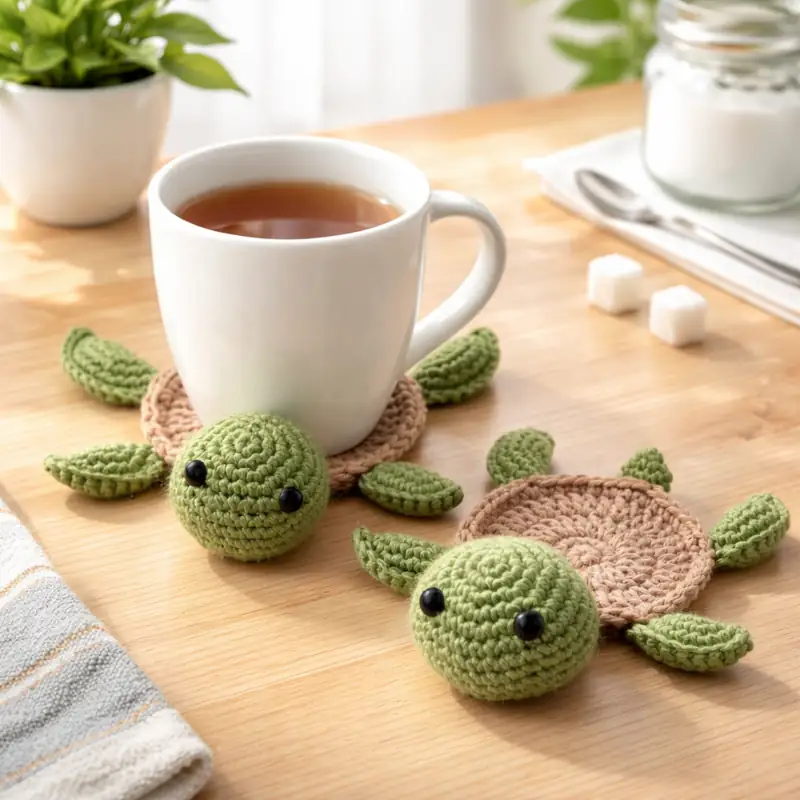 Handmade knitted turtle coasters on a wooden table, with a white coffee cup resting on one coaster, showing cute 3D animal design and cozy home use scene.
