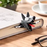 3D squashed wolf animal bookmark sticking out of a book, funny cartoon PVC design used as a creative reading accessory
