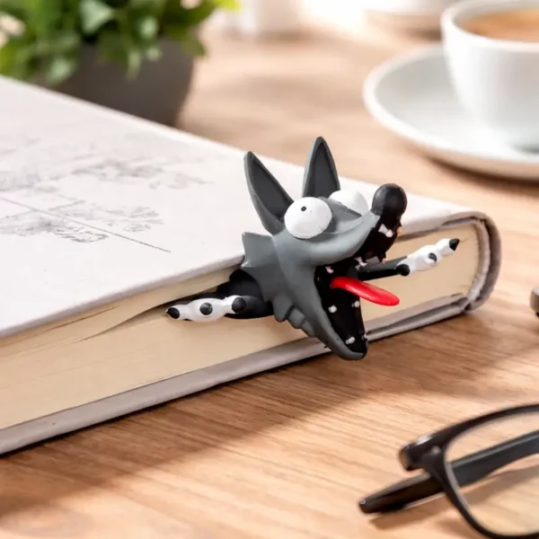 3D squashed wolf animal bookmark sticking out of a book, funny cartoon PVC design used as a creative reading accessory