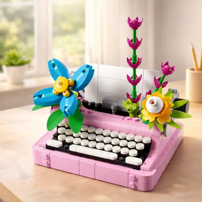 A pastel pink LEGO-style miniature typewriter displayed on a clean wooden desk, decorated with colorful brick-built flowers and plants, in soft natural daylight.