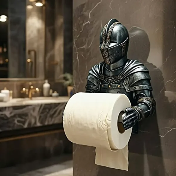 Medieval knight statue toilet paper holder holding a paper roll in a gothic stone bathroom.