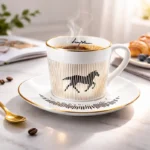 White porcelain mirror reflection cup and saucer with gold vertical stripes and a running horse illusion, filled with coffee, placed on a marble table with soft natural light.