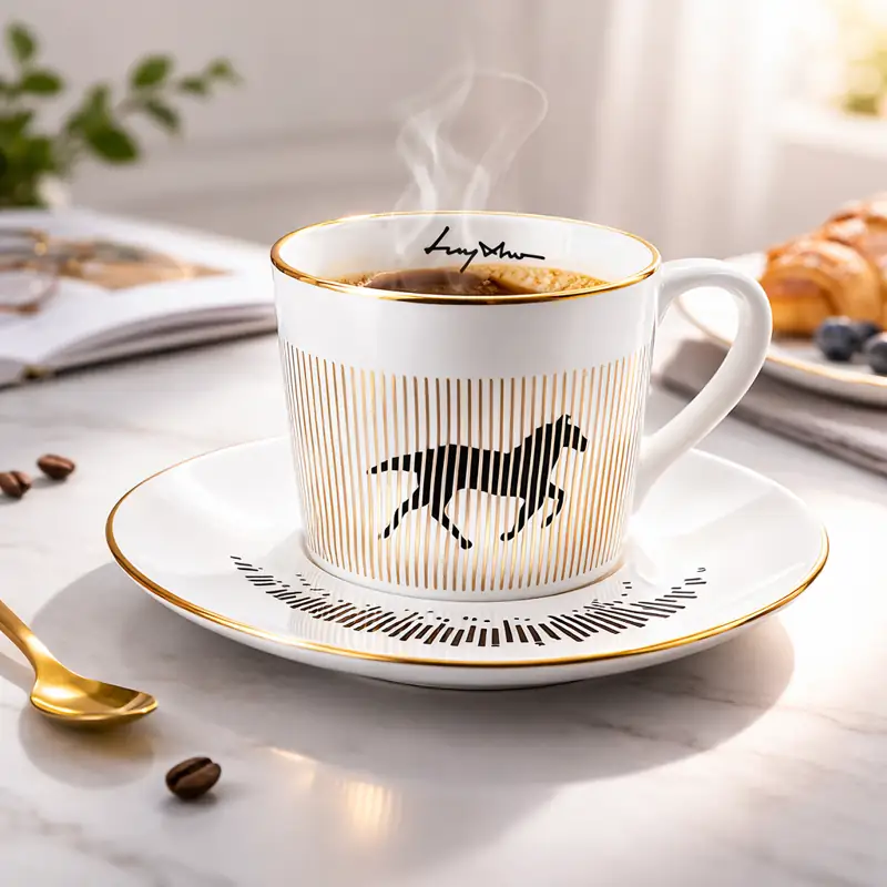 White porcelain mirror reflection cup and saucer with gold vertical stripes and a running horse illusion, filled with coffee, placed on a marble table with soft natural light.