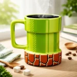 Retro pixel-style pipe coffee mug on a clean wooden table, a funny ceramic gamer mug designed for coffee, tea, and hot drinks.