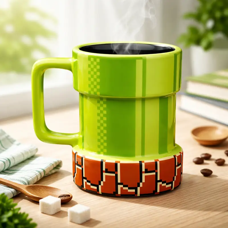 Retro pixel-style pipe coffee mug on a clean wooden table, a funny ceramic gamer mug designed for coffee, tea, and hot drinks.