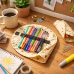 Tortilla-shaped roll-up pencil case opened on a wooden desk, revealing colorful pens in a playful burrito-style stationery organizer surrounded by cozy workspace items.