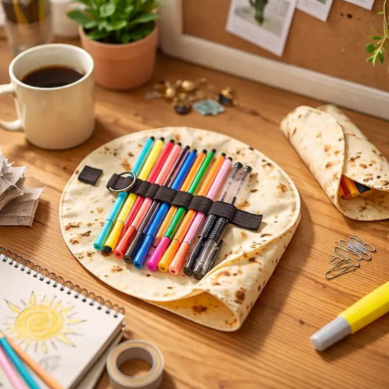 Tortilla-shaped roll-up pencil case opened on a wooden desk, revealing colorful pens in a playful burrito-style stationery organizer surrounded by cozy workspace items.