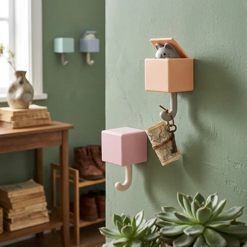 Four colorful adhesive cat wall hooks in pastel boxes with kittens popping their heads out to hold keys and coats on a modern wall.
