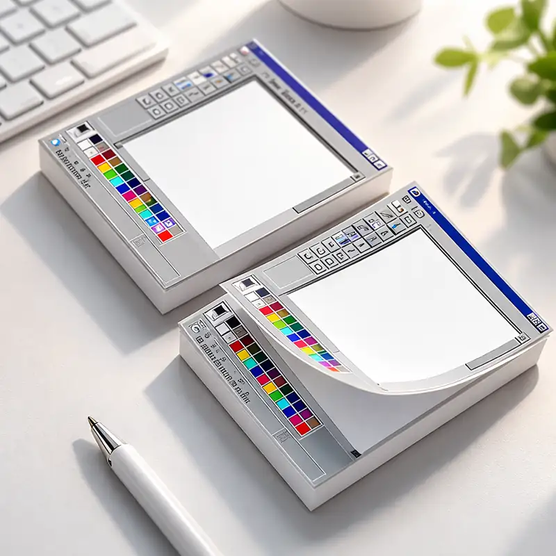 Retro computer interface sticky note pads on a wooden desk, designed like a classic drawing program window, with colorful palette icons and blank 3x3 note sheets for office reminders.