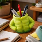 Lime green puffer jacket–shaped pen holder sitting on a wooden desk, holding markers and pens, surrounded by a notebook, sticky notes, and cozy workspace items.
