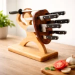 Spartan warrior wooden knife holder with 6-piece kitchen knife set and magnetic sharpener on countertop