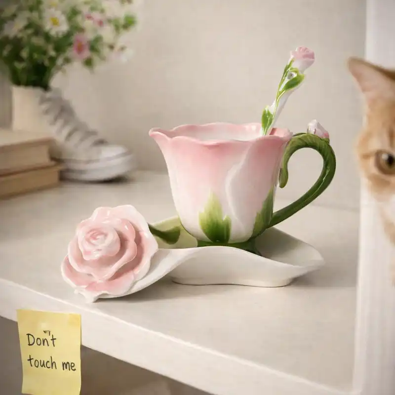 Hand‑painted porcelain rose teacup with saucer and spoon, floral ceramic design.