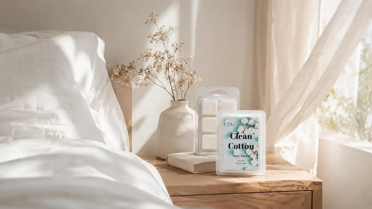 Clean Cotton wax melts placed on a wooden bedside table in a soft minimalist bedroom with white linen bedding, warm sunlight, flowing sheer curtains, and neutral-toned decor creating a calm cozy atmosphere.