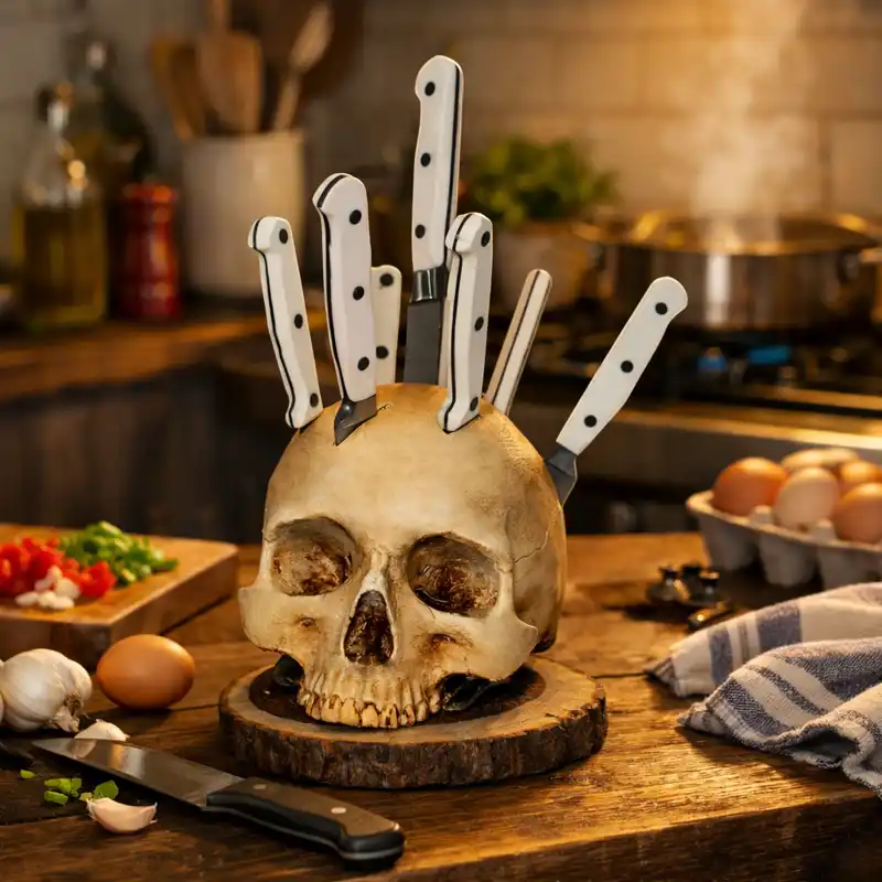 Skull knife holder on kitchen counter, gothic decor, halloween funny skull, knife storage display.