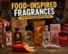 A vibrant editorial-style image showcasing weird food perfumes and food-inspired fragrances, including KFC cologne, pizza perfume, burger scented fragrance, Coca-Cola and Fanta inspired scents, and candy-themed novelty perfume bottles arranged on a rustic table. The scene highlights the internet culture of novelty perfume trends, fast food-inspired fragrances, and surreal consumer products, with bold headline typography emphasizing “weird food perfumes” and “food-inspired fragrances” in a visually striking magazine-style composition.