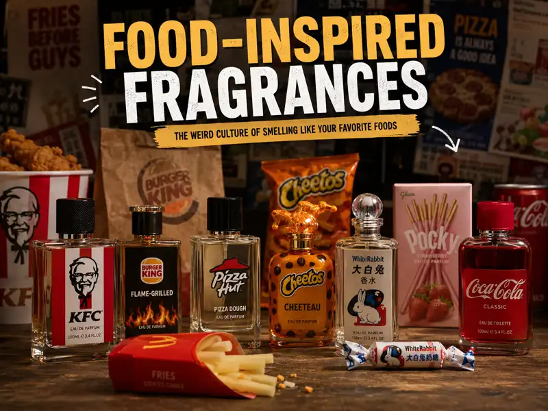 A vibrant editorial-style image showcasing weird food perfumes and food-inspired fragrances, including KFC cologne, pizza perfume, burger scented fragrance, Coca-Cola and Fanta inspired scents, and candy-themed novelty perfume bottles arranged on a rustic table. The scene highlights the internet culture of novelty perfume trends, fast food-inspired fragrances, and surreal consumer products, with bold headline typography emphasizing “weird food perfumes” and “food-inspired fragrances” in a visually striking magazine-style composition.