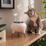 dancing jellyfish aroma diffuser humidifier with color lights and music reactive mist on desk in cozy room with cat watching