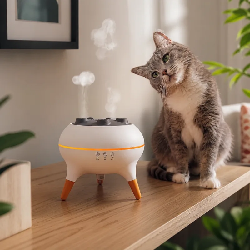 dancing jellyfish aroma diffuser humidifier with color lights and music reactive mist on desk in cozy room with cat watching