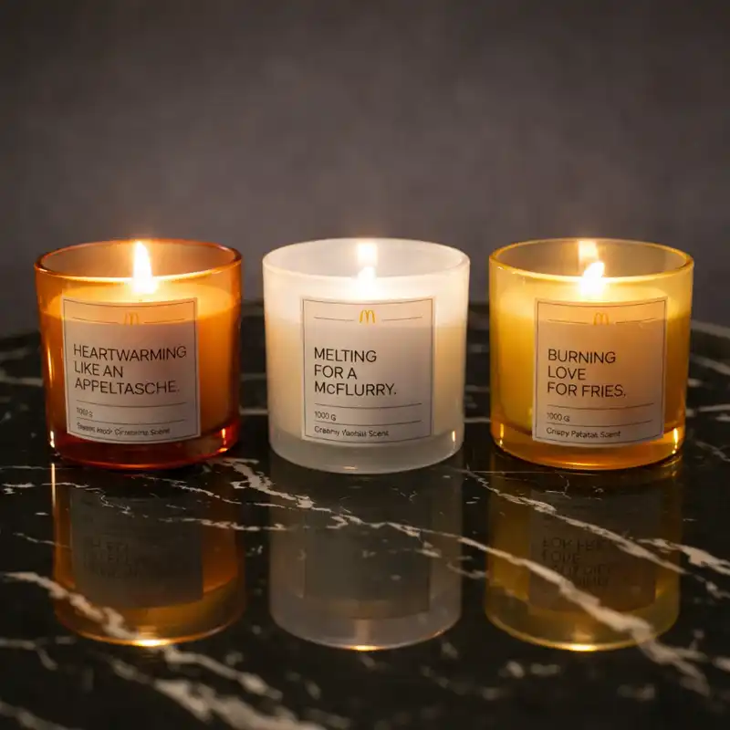 Three McDonald’s fries scented candles in amber, white, and yellow glass holders are lit on a black marble table, each labeled with playful McDonald’s-themed fragrance names like ‘Burning Love for Fries.’ The warm glow and minimalist design evoke a cozy, humorous brand aesthetic.