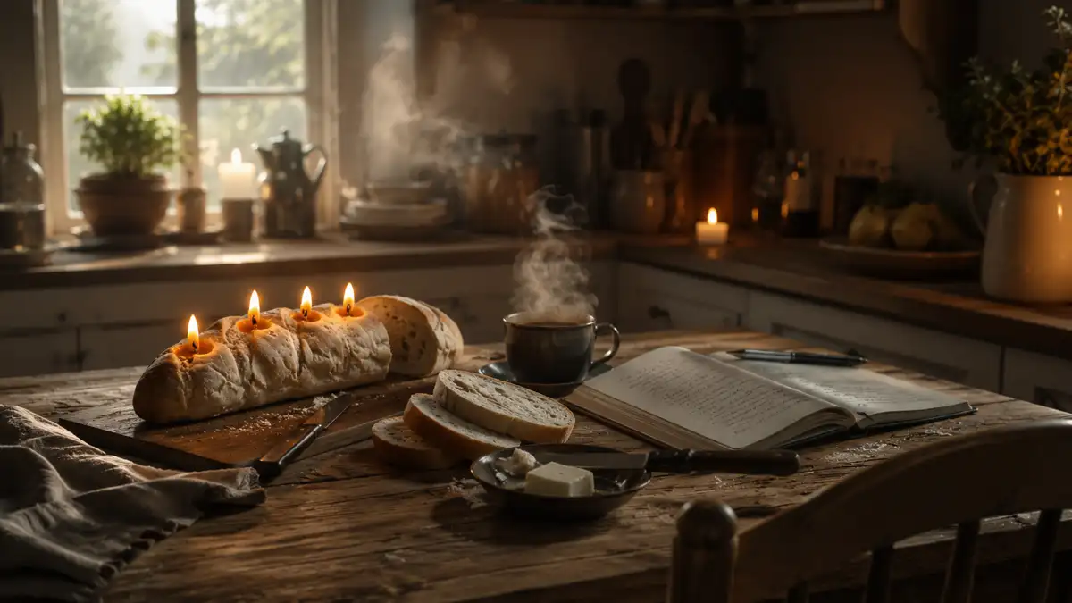 A cozy rustic kitchen at sunrise featuring a bread-shaped candle glowing on a wooden table beside freshly sliced bread, steaming coffee, and soft candlelight, creating a warm “something is about to begin” atmosphere.