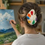 Handmade polymer clay paint palette hair accessory with paint brush for artists and art teachers
