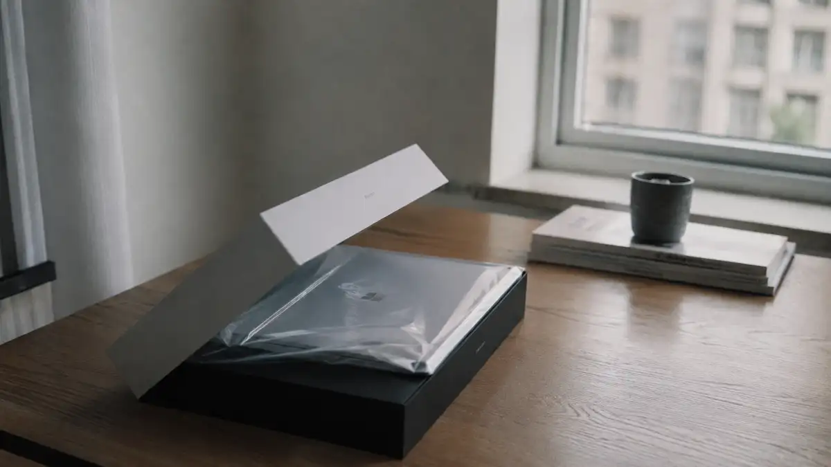 A minimalist early morning unboxing scene on a wooden desk with a half-open electronics box, soft plastic reflections, and a modern device partially revealed in calm natural window light. Cinematic lifestyle photography with beige and gray tones, soft shadows, shallow depth of field, and subtle film grain.