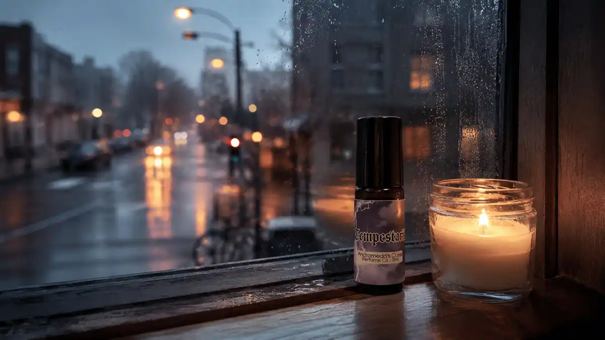 A Tempestarii Andromeda’s Curse perfume oil bottle sits on a wet windowsill after rain, beside a small lit candle. Outside, blurred streetlights reflect on the damp city street, creating a calm, misty atmosphere.