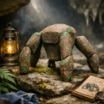 Handmade Rocky alien plush inspired by Project Hail Mary with stone texture and green moss details sitting in a natural sci-fi environment