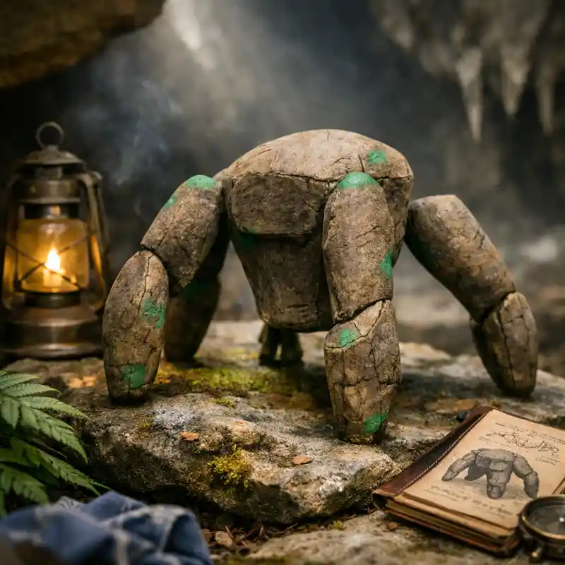 Handmade Rocky alien plush inspired by Project Hail Mary with stone texture and green moss details sitting in a natural sci-fi environment