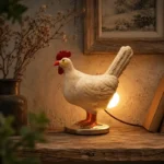 Quirky laying hen night light with a glowing egg, farmhouse chicken lamp and novelty home decor displayed on a rustic table.