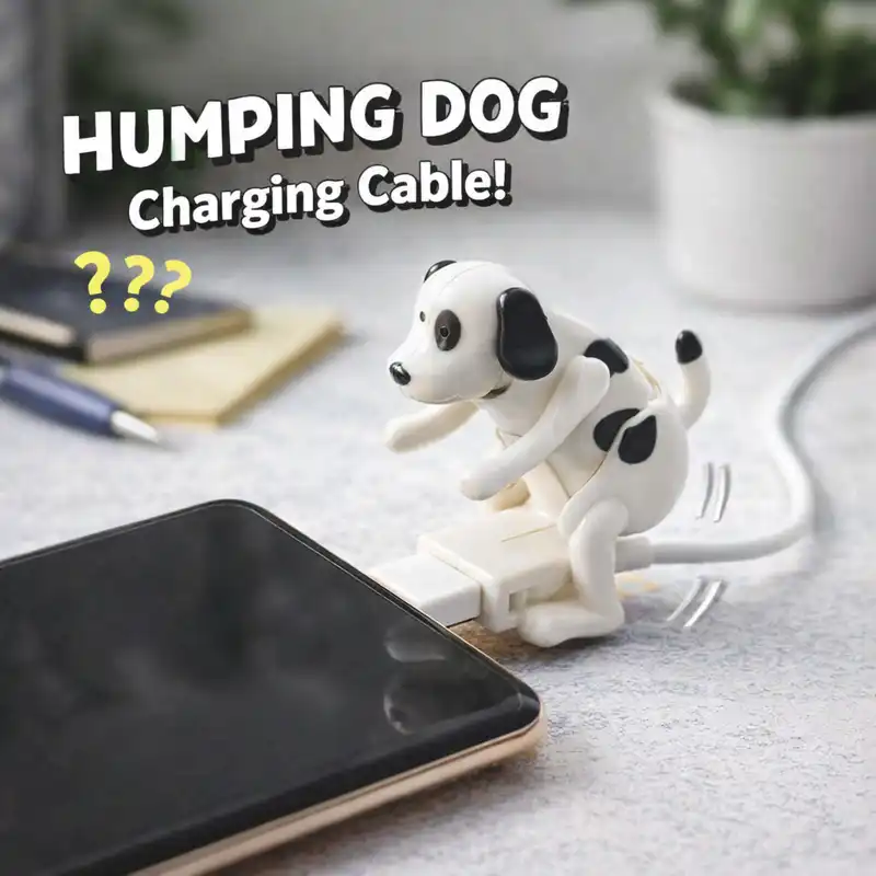 White dog charging cable USB-C accessory moving while plugged into smartphone, novelty phone cord clearly visible.