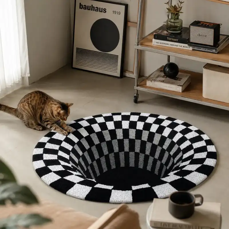 Black hole rug with a black and white 3D optical illusion vortex design placed on a modern living room floor.