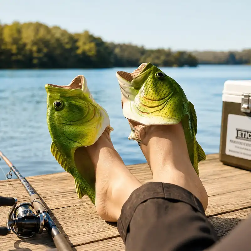 A pair of realistic green fish-shaped slippers worn by someone relaxing on a wooden dock beside a calm lake. A fishing rod rests in the foreground while the water and tree-lined shoreline blur softly in the background, creating a playful outdoor scene where the novelty slippers stand out as the main focus.
