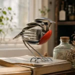 Handmade upcycled metal robin sculpture made from vintage forks and spoons with red breast detail
