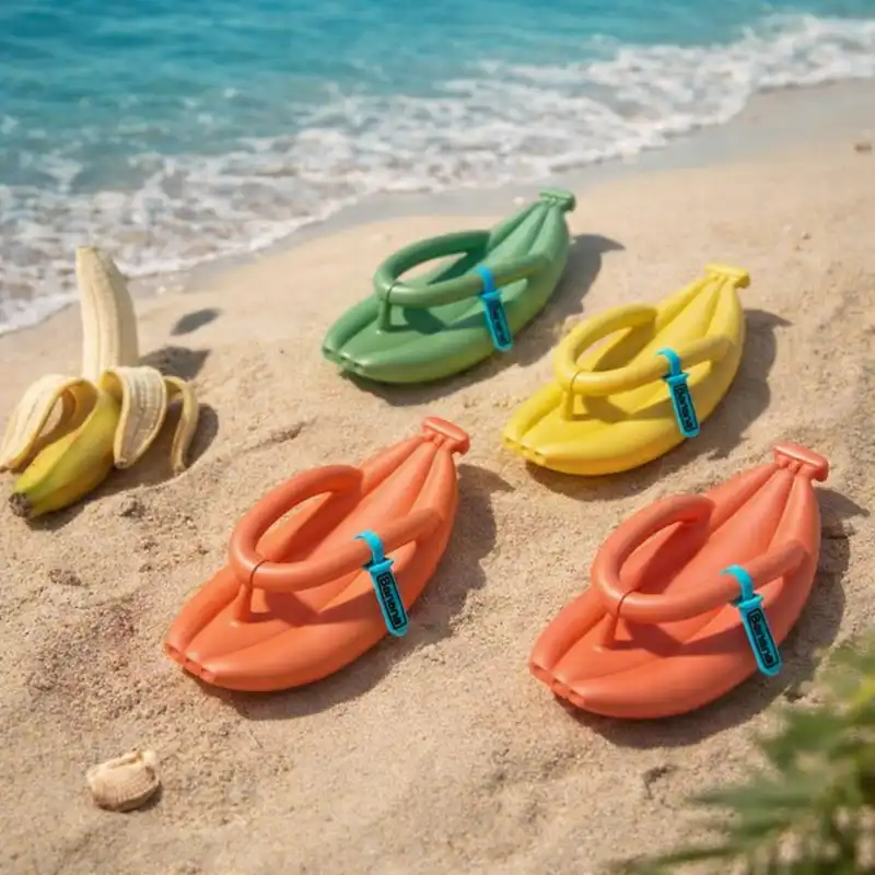 Banana sandals on a sandy beach, quirky fruit shaped slippers with EVA material and tropical summer design.