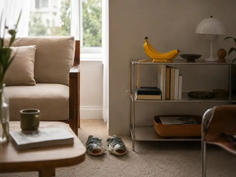 A quiet editorial-style living room featuring weird objects, including a banana-shaped phone and fish-shaped slippers, naturally placed among everyday furniture to show how unusual objects quietly become part of daily life.