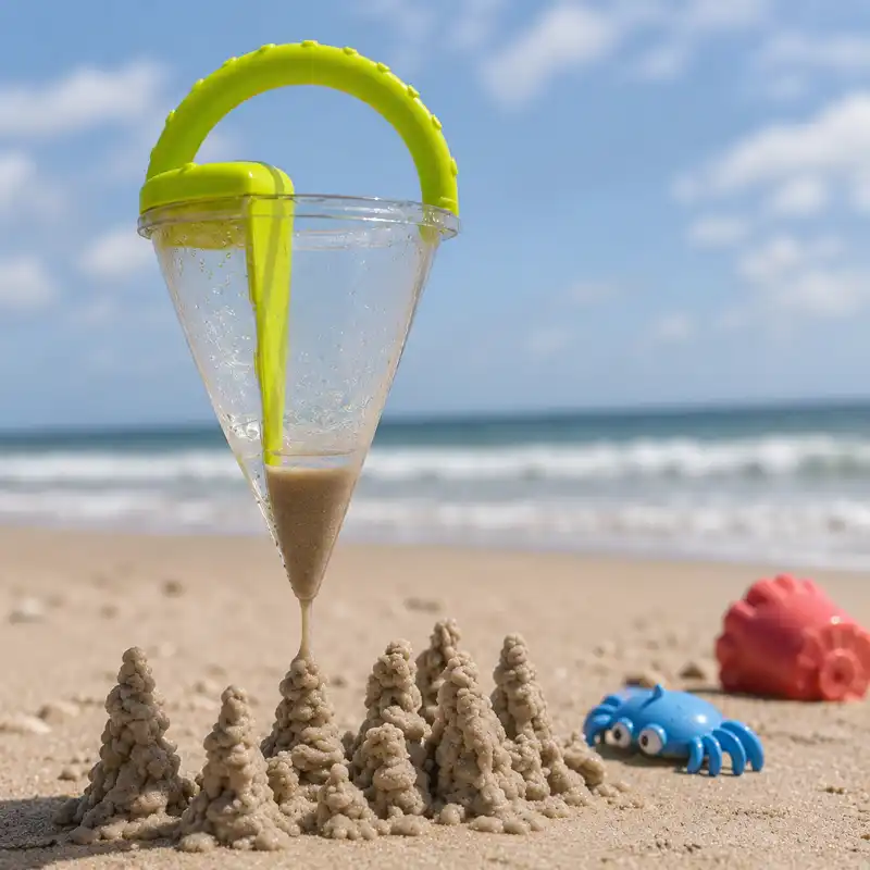 Close-up of a sand funnel toy creating flowing wet sand towers on a beach with the ocean in the background.