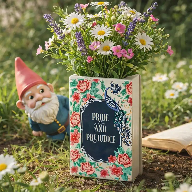 A ceramic book vase shaped like stacked books, filled with flowers, placed on a bookshelf for literary home decor.