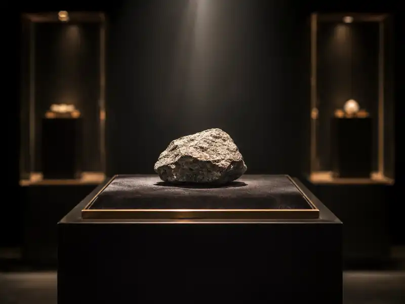 A small gray rock displayed on an elegant museum pedestal beneath a dramatic spotlight in a dark gallery, presented as if it were an extremely valuable artifact.