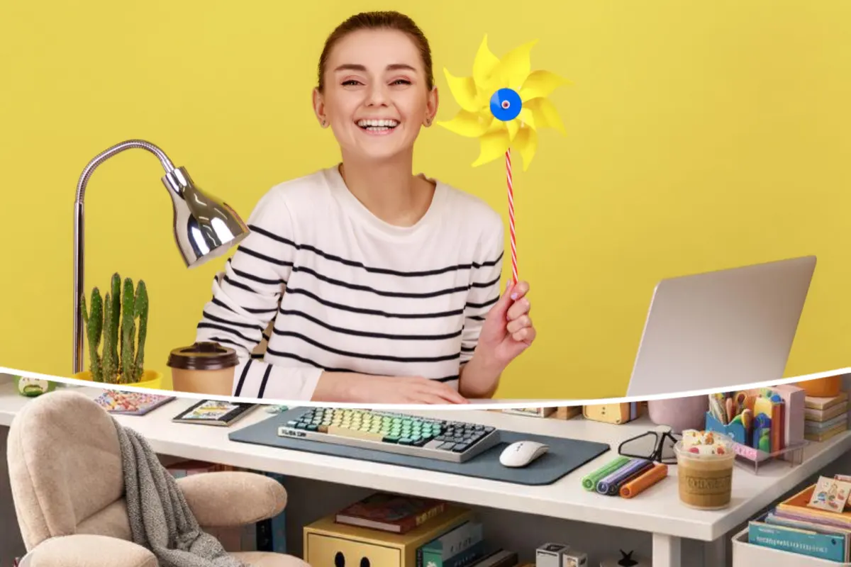 A person enjoying a small unusual object on a desk, showing how novelty products can add delight to everyday moments.