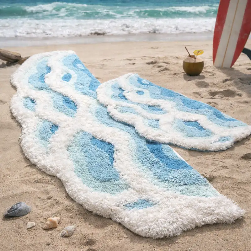 A moss bath mat with 3D textured fibers, forest green color, and anti-slip backing placed in a bathroom setting.