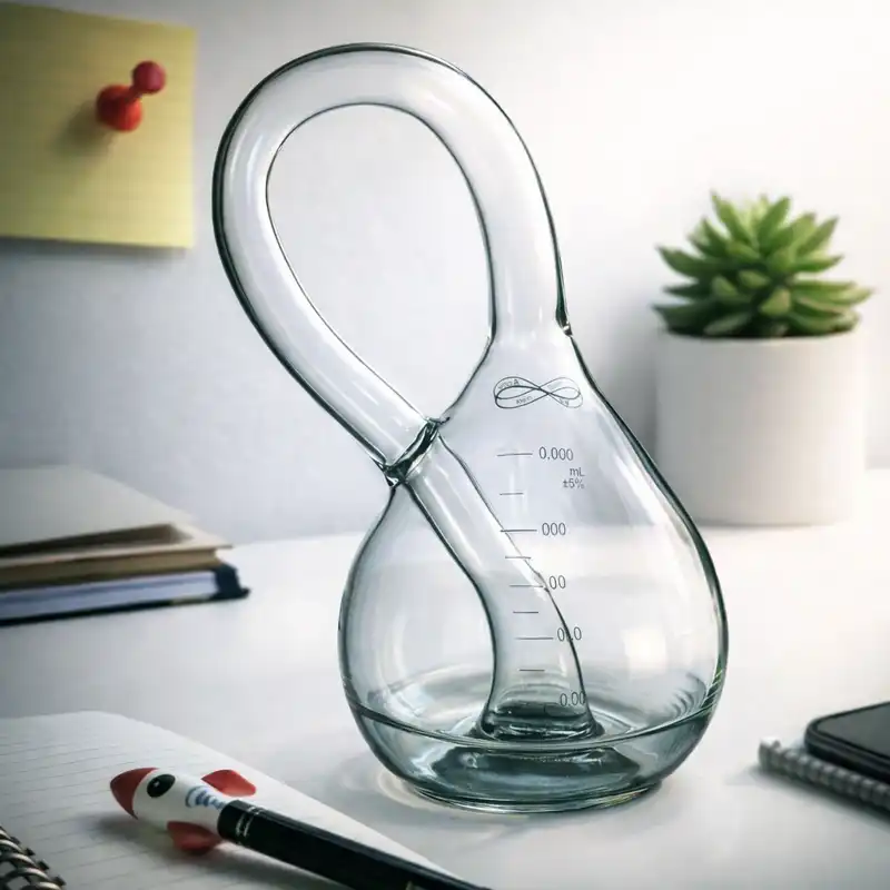 Transparent glass Klein Bottle on a desk, showing its continuous loop shape as a mathematical topology model.