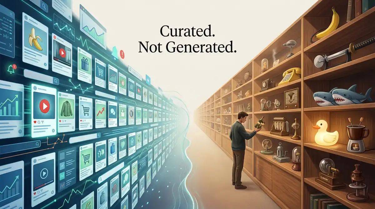 An editorial illustration split down the center. On the left, an overwhelming stream of cool-toned, algorithmic digital recommendation cards and feed items representing automation. On the right, a warm, calm digital library with wooden shelves containing hand-curated, whimsical novelty items (like a banana phone and shark slippers) as a person browses intentionally. The headline "Curated. Not Generated." is centered at the top.
